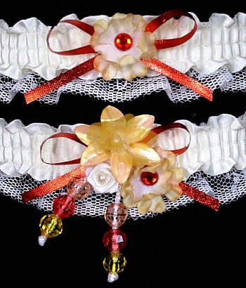 Multi-color Wedding Bridal Prom Garter SET in Orange Yellow Ivory on Ivory Lace