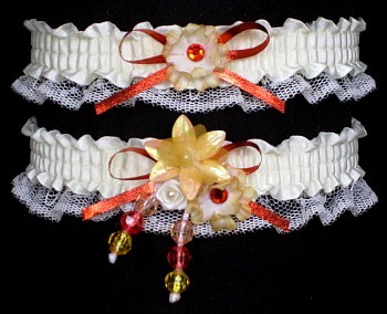 Multi-color Wedding Bridal Prom Garter SET in Orange Yellow Ivory on Ivory Lace