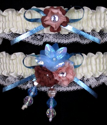 Multi-color Wedding Bridal Prom Garter SET in Blue Peach Brown on Ivory Lace