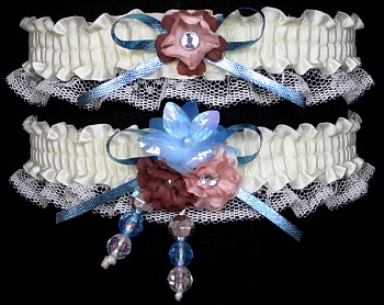 Multi-color Wedding Bridal Prom Garter SET in Blue Peach Brown on Ivory Lace
