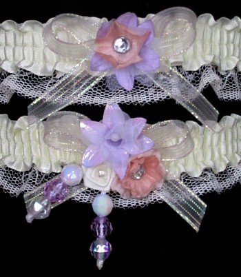 Colorful & Classy Garter Collection. Multi-color Garter Set on Ivory Lace  for Wedding Bridal Prom