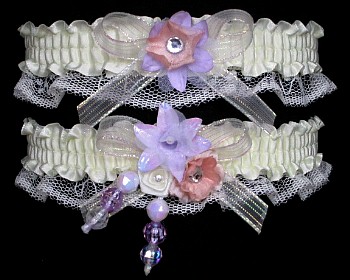 Multi-color Wedding Bridal Prom Garter SET in Orchid Peach Ivory on Ivory Lace