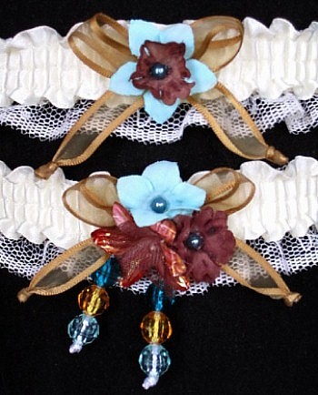 Multi-color Wedding Bridal Prom Garter SET in Brown Aqua Old Gold on Ivory Lace