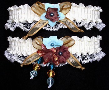 Multi-color Wedding Bridal Prom Garter SET in Brown Aqua Old Gold on Ivory Lace