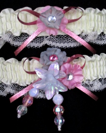 Multi-color Wedding Bridal Prom Garter SET in Pink Gray Ivory on Ivory Lace