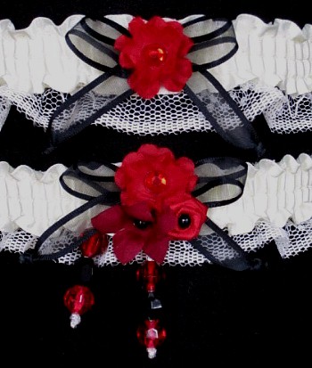 Multi-color Wedding Bridal Prom  Garter SET in Red Black Ivory on Ivory Lace