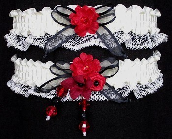 Multi-color Wedding Bridal Prom  Garter SET in Red Black Ivory on Ivory Lace