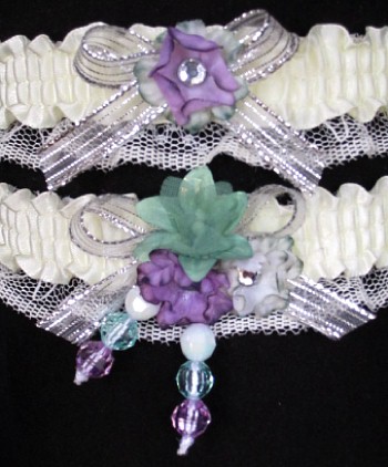 Multi-color Wedding Bridal Prom Garter SET in Green-Orchid-Silver on Ivory Lace