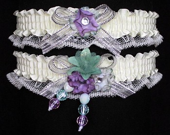 Multi-color Wedding Bridal Prom Garter SET in Green-Orchid-Silver on Ivory Lace