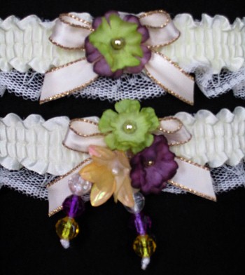 Multi-color Wedding Bridal Prom Garter SET in Purple Green Yellow on Ivory Lace