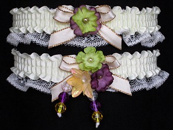 Multi-color Wedding Bridal Prom Garter SET in Purple Green Yellow on Ivory Lace