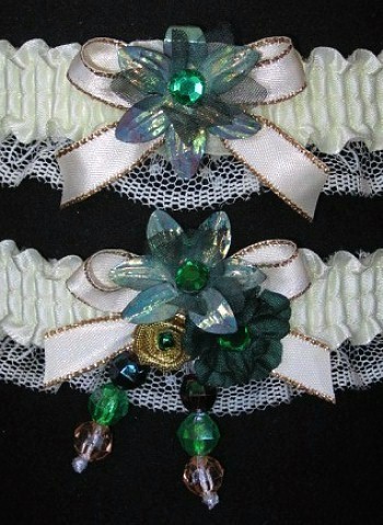 Multi-color Wedding Bridal Prom Garter SET in Green Gold Ivory on Ivory Lace