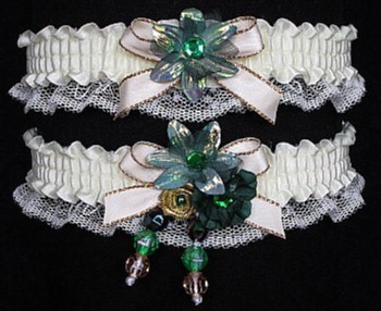 Multi-color Wedding Bridal Prom Garter SET in Green Gold Ivory on Ivory Lace