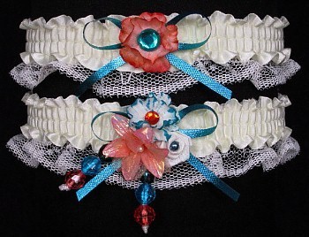 Multi-color Wedding Bridal Prom Garter SET in Turquoise Orange Ivory on Ivory Lace