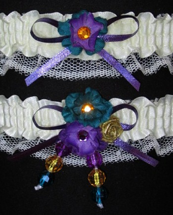 Multi-color Wedding Bridal Prom Garter SET in Purple Teal Gold on Ivory Lace