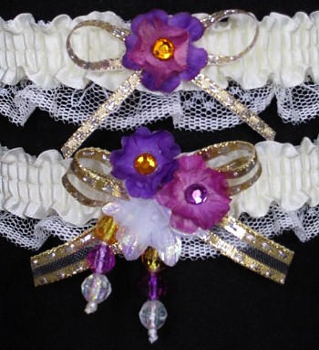 Multi-color Wedding Bridal Prom Garter SET in Rose Purple Gold on Ivory Lace