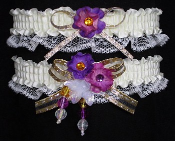 Multi-color Wedding Bridal Prom Garter SET in Rose Purple Gold on Ivory Lace