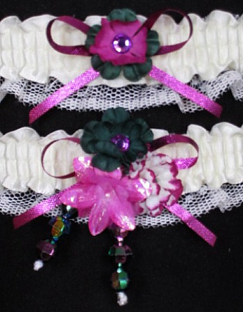 Multi-color Wedding Bridal Prom Garter SET in Fuchsia Green Ivory on Ivory Lace