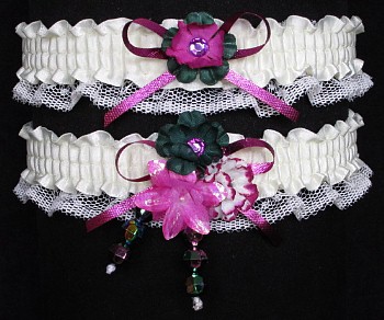 Multi-color Wedding Bridal Prom Garter SET in Fuchsia Green Ivory on Ivory Lace