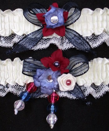 Multi-color Wedding Bridal Prom Garter SET in Navy Burgundy Wine Ivory on Ivory Lace