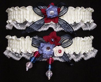 Multi-color Wedding Bridal Prom Garter SET in Navy Burgundy Wine Ivory on Ivory Lace