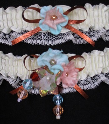 Multi-color Wedding Bridal Prom Garter SET in Aqua Peach Copper on Ivory Lace