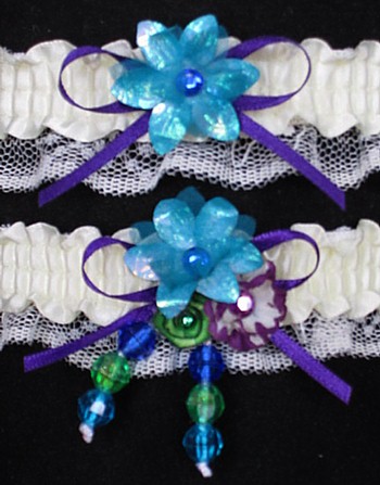 Multi-color Wedding Bridal Prom Garter SET in Peacock Purple Green on Ivory Lace