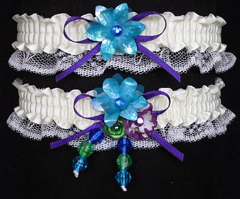 Multi-color Wedding Bridal Prom Garter SET in Peacock Purple Green on Ivory Lace