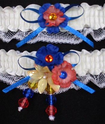 Multi-color Wedding Bridal Prom Garter SET in Blue Orange Yellow on Ivory Lace