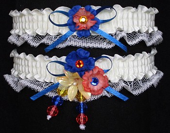 Multi-color Wedding Bridal Prom Garter SET in Blue Orange Yellow on Ivory Lace