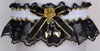 Fancy Bands Black and White Garter with 2 Gold Hearts. Prom Garter - Wedding Garter - Bridal Garter