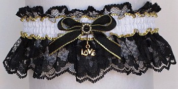 Fancy Bands Black and White Garter with Gold Love Charm. Prom Garter - Wedding Garter - Bridal Garter