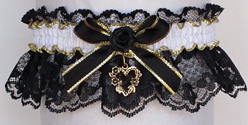 Fancy Bands™ Black and White Garter with Gold Open Heart Charm. Prom Garter - Wedding Garter - Bridal Garter