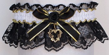 Fancy Bands Black and White Garter with Gold Open Heart Charm. Prom Garter - Wedding Garter - Bridal Garter