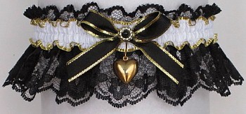 Fancy Bands Black and White Garter with Gold Puffed Heart Charm. Prom Garter - Wedding Garter - Bridal Garter