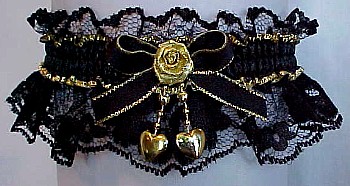 Fancy Bands Black & Gold Garter with 2 Gold Hearts. Prom Garter - Wedding Garter - Bridal Garter