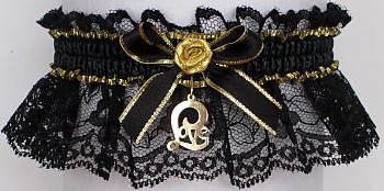 Fancy Bands™ Black & Gold Garter with Love Script Charm. Prom Garter - Wedding Garter - Bridal Garter