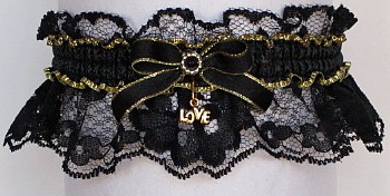 Fancy Bands Black & Gold Garters with Gold Love Charm. Prom Garter - Wedding Garter - Bridal Garter