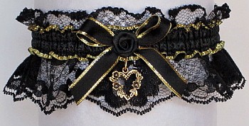 Fancy Bands Black & Gold Garter with Gold Open Heart Charm. Prom Garter -Wedding Garter - Bridal Garter