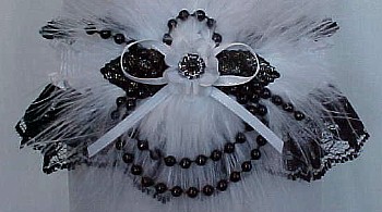 Deluxe Black and White Garters with Black Pearls & White Marabou Feathers. Prom Garter - Wedding Garter - Bridal Garter