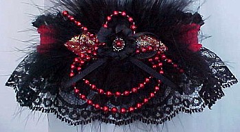 Red and Black Lace Garter w/ Colored Satin Band, Pearls & Marabou Feathers. Prom Garter - Wedding Garter - Bridal Garter