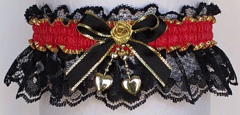 Fancy Bands™ Hot Red Garter on Black Lace with 2 Gold Hearts. Prom Wedding Bridal Valentine