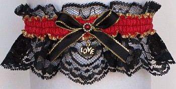 Fancy Bands™ Hot Red Garter on Black Lace with Gold Love Charm for Prom Wedding Bridal Valentine