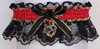Fancy Bands™ Hot Red Garter on Black Lace with Gold Open Heart Charm for Prom Wedding Bridal Valentine