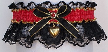 Fancy Bands™ Hot Red Garter on Black Lace with Gold Puffed Heart. Prom Wedding Bridal Valentine