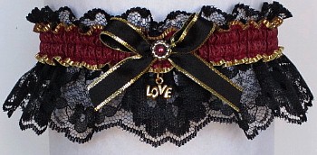 Fancy Bands™ Hot Red Garter on Black Lace with Gold Love Charm. Prom Wedding Bridal Valentine