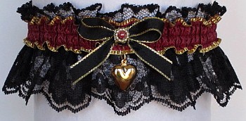 Fancy Bands™ Burgundy Wine Garter on Black Lace with Gold Puffed Heart. Prom Wedding Bridal Valentine