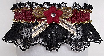 Burgundy Wine Gold Black Garter with Rhinestoone