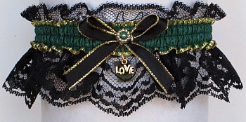 Fancy Bands™ Forest Green Garter on Black Lace with Gold Love Charm. Prom Wedding Bridal