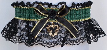 Fancy Bands™ Forest Green Garter on Black Lace with Gold Open Heart Charm. Prom Wedding Bridal
